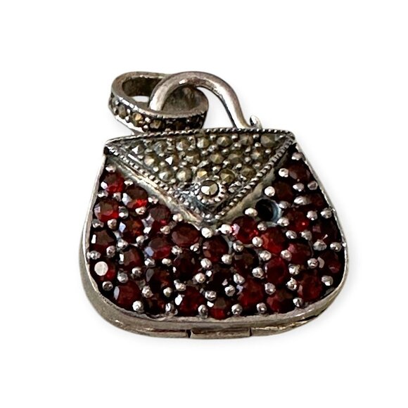 Vintage Sterling‎ Silver Red Crystal Purse Locket Pendant - Picture 2 of 10